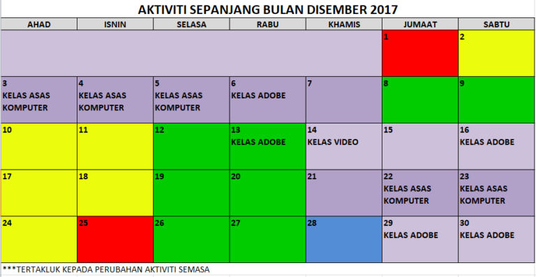 JADUAL AKTIVITI SEMASA DISEMBER 2017
