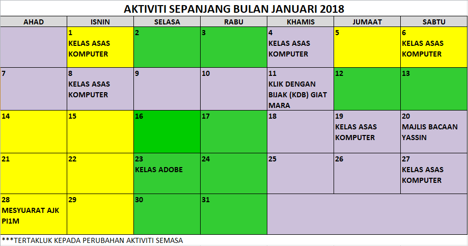 JADUAL AKTIVITI SEMASA JANUARI 2018