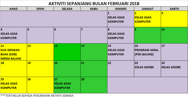 JADUAL AKTIVITI SEMASA FEBRUARI 2018