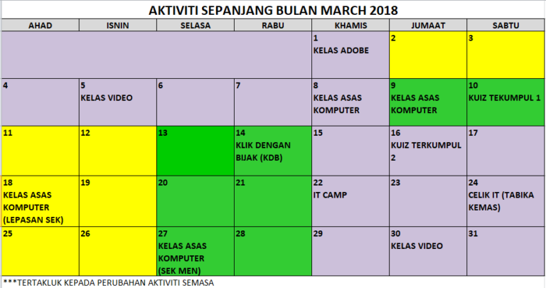 JADUAL AKTIVITI SEMASA MARCH 2018