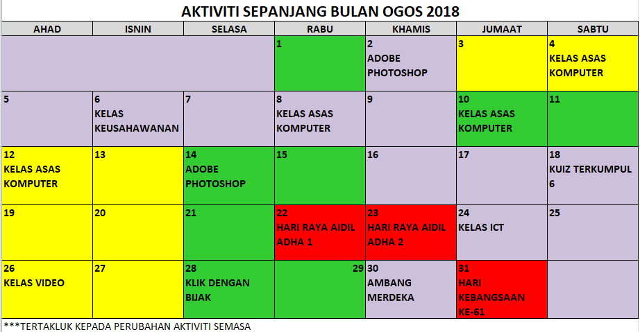 JADUAL AKTIVITI SEMASA OGOS 2018