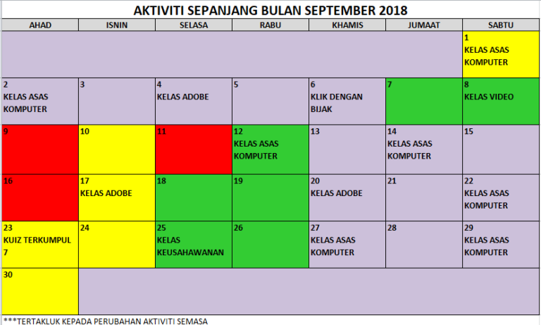JADUAL AKTIVITI SEMASA SEPTEMBER 2018