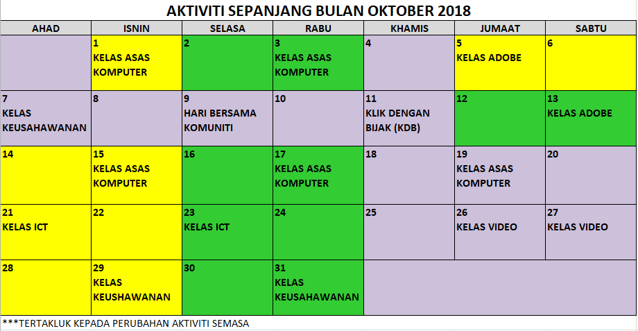 JADUAL AKTIVITI SEMASA OKTOBER 2018
