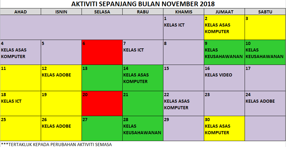 JADUAL AKTIVITI SEMASA NOVEMBER 2018