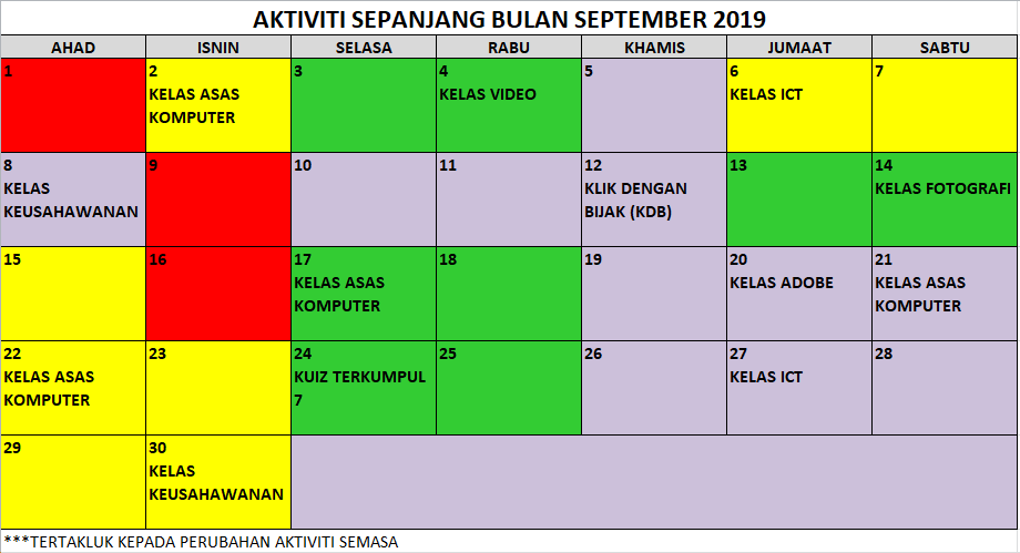 09 JADUAL AKTIVITI SEMASA SEPTEMBER 2019