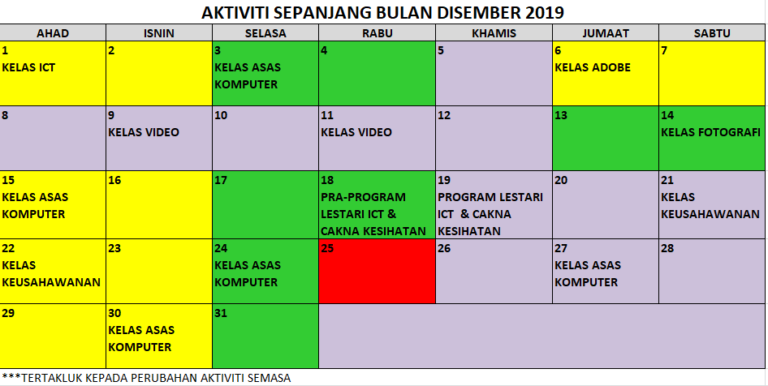 12 JADUAL AKTIVITI SEMASA DISEMBER 2019