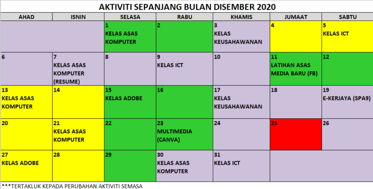 12 JADUAL AKTIVITI SEMASA DISEMBER 2020